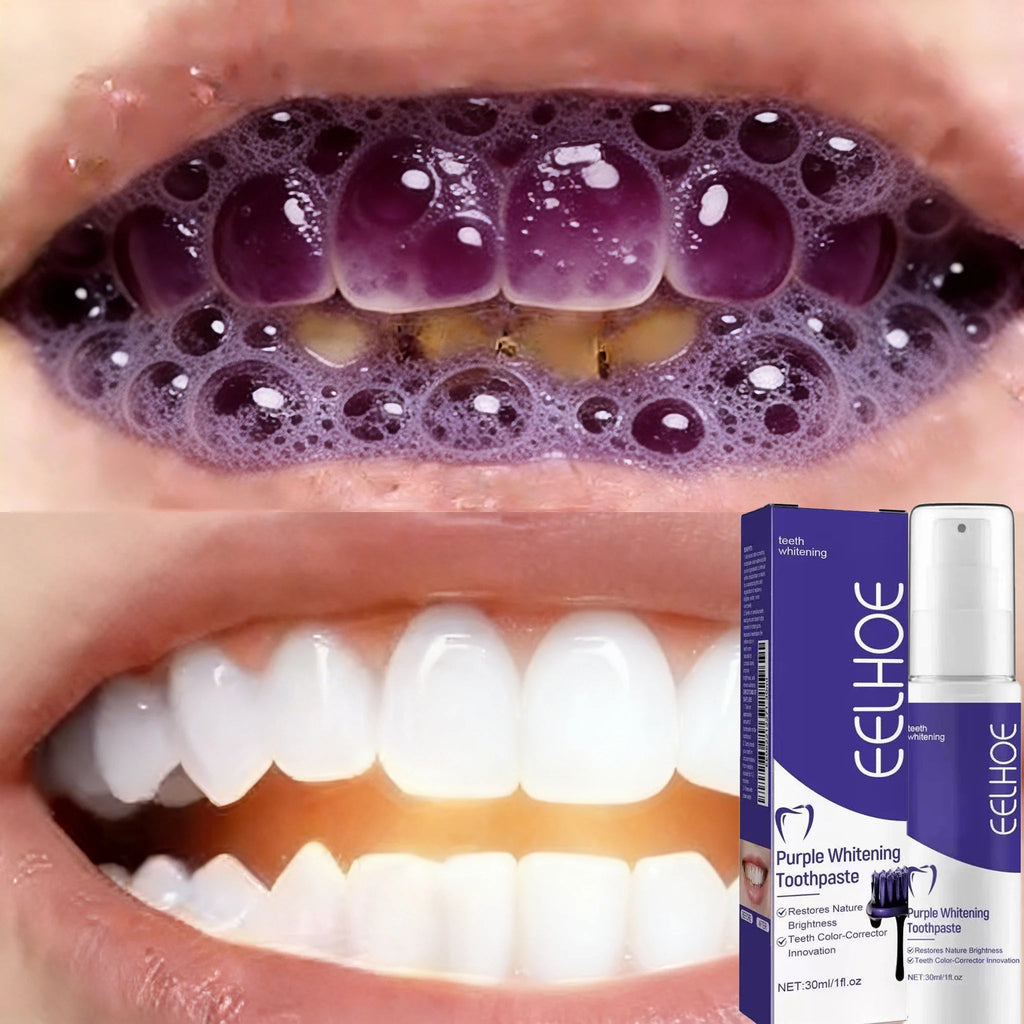Purple whitening toothpaste 30ml pump bottle with box and before and after teeth results
