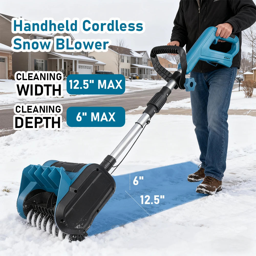 21V cordless electric snow blower shovel clearing snow from a driveway