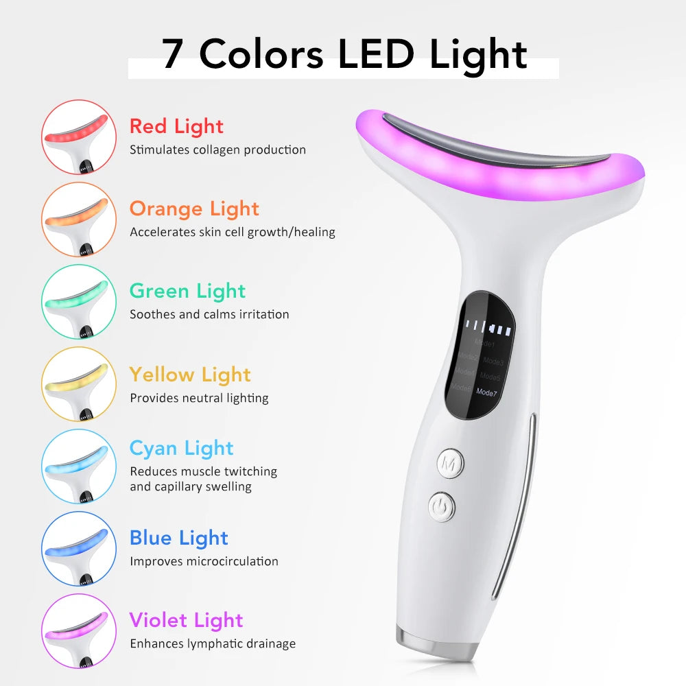 7 colour LED neck and face beauty device with EMS vibration massage, front view