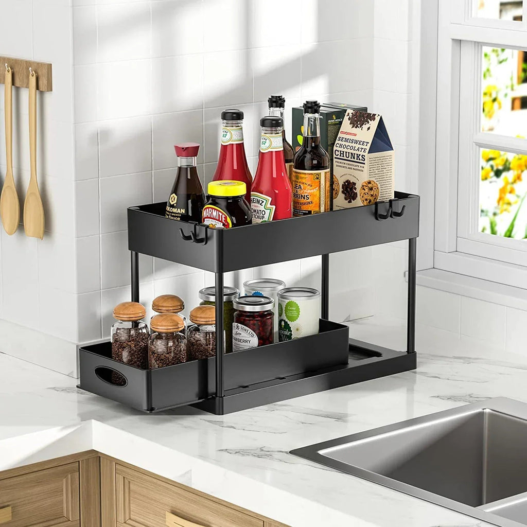 2 Tier Sliding Under Sink Organiser – Pull Out Kitchen Cupboard Storage Rack Alsonic UK