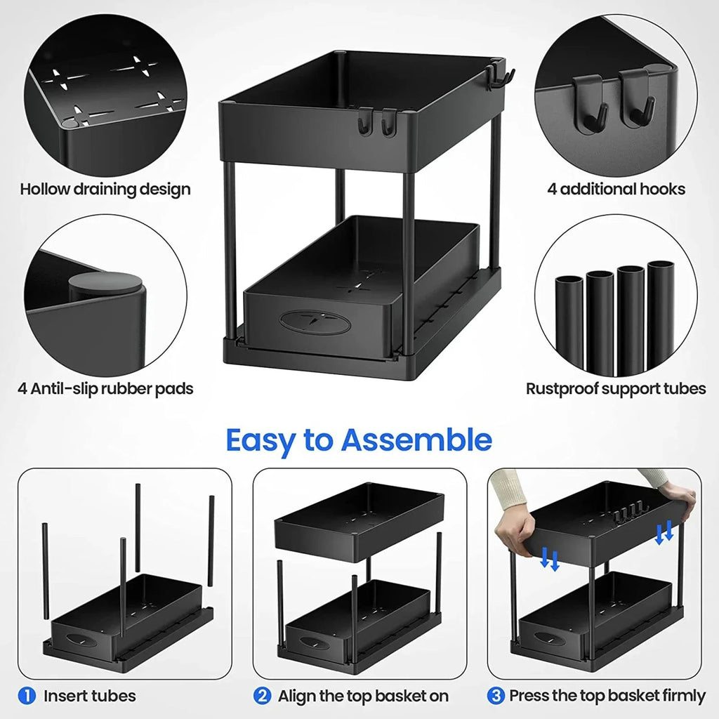 2 Tier Sliding Under Sink Organiser – Pull Out Kitchen Cupboard Storage Rack Alsonic UK