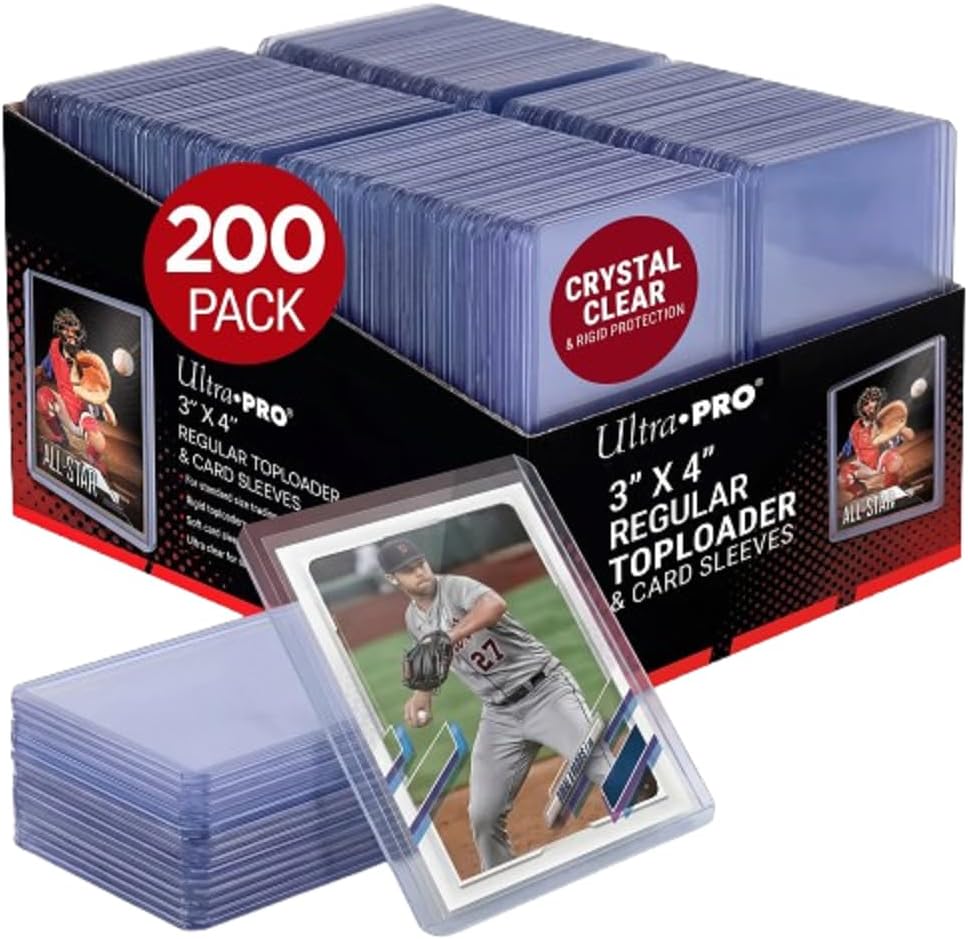 Ultra Pro rigid toploaders and soft card sleeves protecting standard trading cards