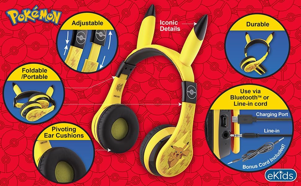 Pokémon Pikachu Bluetooth Headphones for Kids – Wireless Over-Ear with Mic