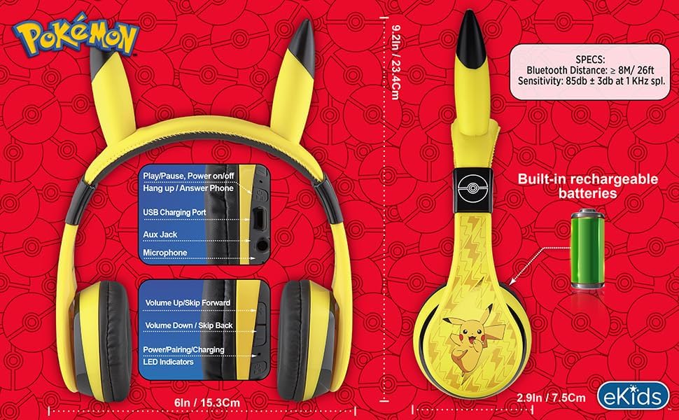 Pokémon Pikachu Bluetooth Headphones for Kids – Wireless Over-Ear with Mic
