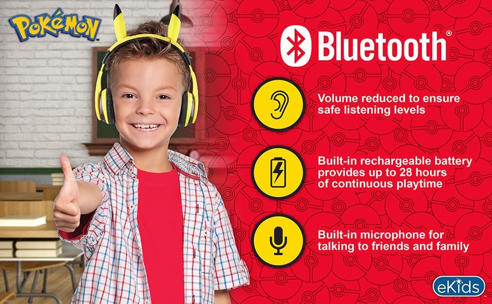 Pokémon Pikachu Bluetooth Headphones for Kids – Wireless Over-Ear with Mic