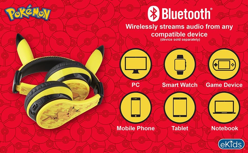 Pokémon Pikachu Bluetooth Headphones for Kids – Wireless Over-Ear with Mic