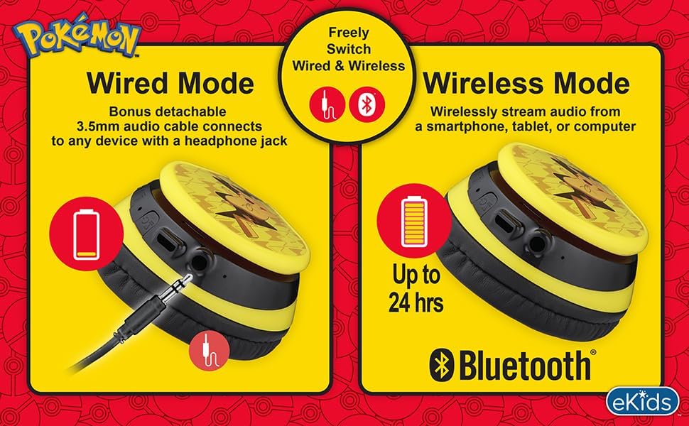 Pokémon Pikachu Bluetooth Headphones for Kids – Wireless Over-Ear with Mic