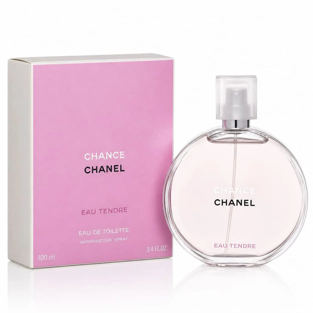 Chanel Chance Eau Tendre perfume bottle and its pink packaging box on a white background.
