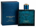 Versace Eros Eau de Parfum bottle and its matching blue packaging box, featuring a metallic blue and black geometric design with gold lettering and a gold cap.
