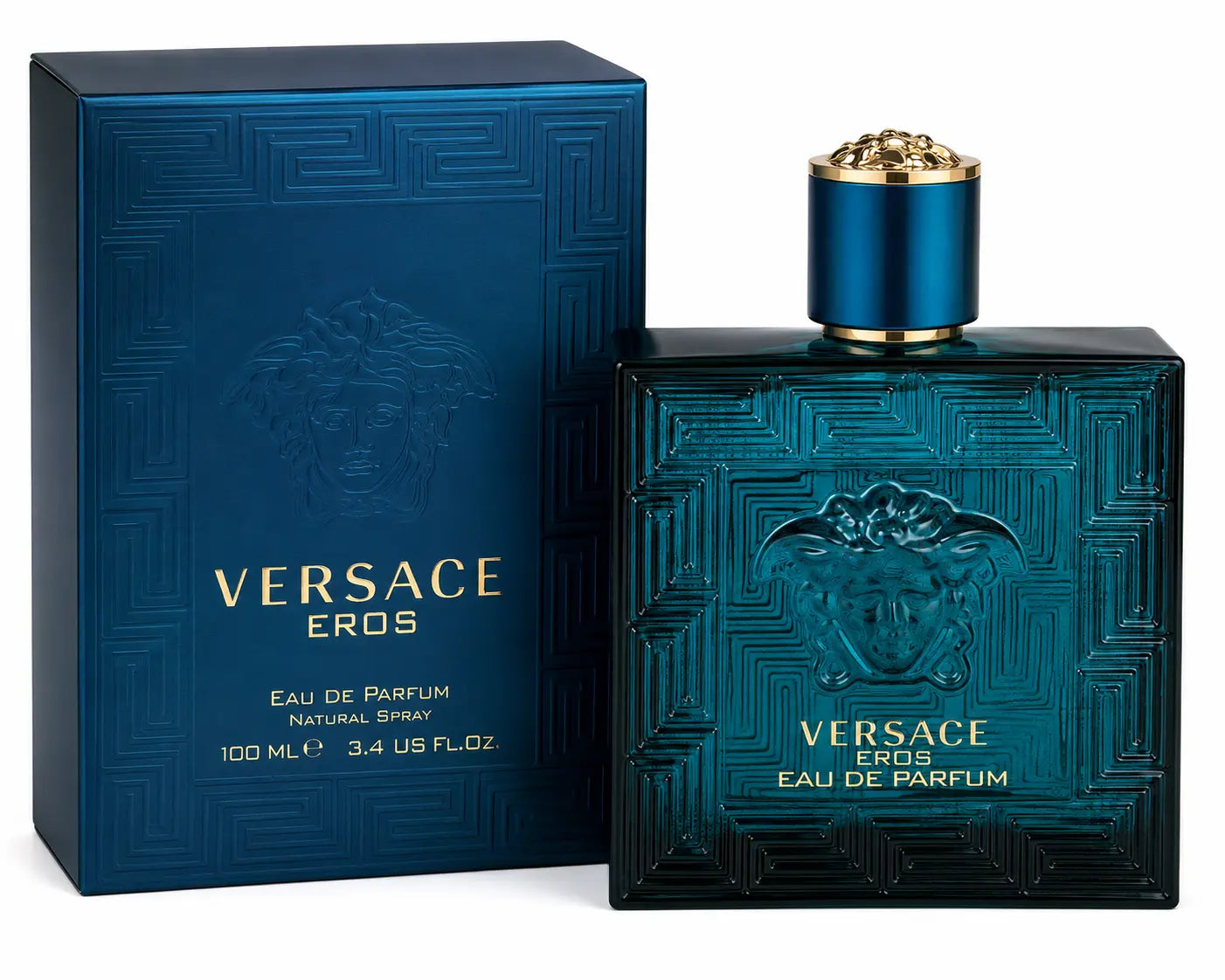 Versace Eros Eau de Parfum bottle and its matching blue packaging box, featuring a metallic blue and black geometric design with gold lettering and a gold cap.