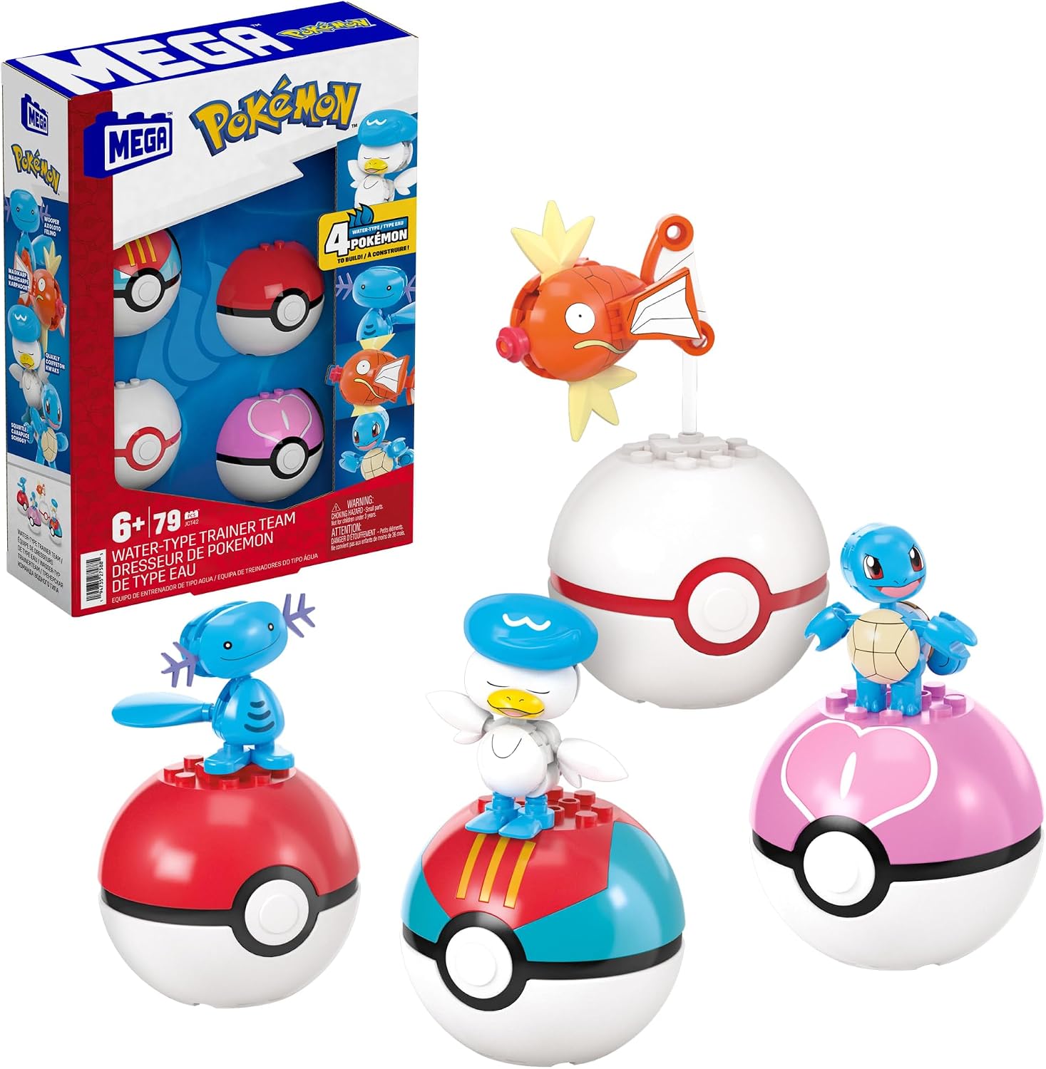 MEGA Pokémon Water-type building set with Squirtle, Magikarp, Shellder and Quaxly figures and Poké Balls