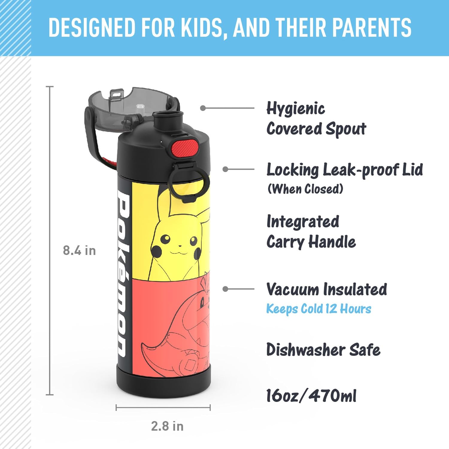 Thermos Pokémon Kids Water Bottle 16 oz – Insulated Stainless Steel Bottle
