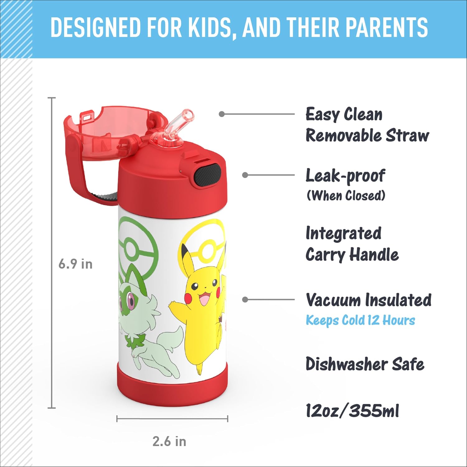 Thermos Pokémon Kids Water Bottle 12 oz – Insulated Bottle with Straw