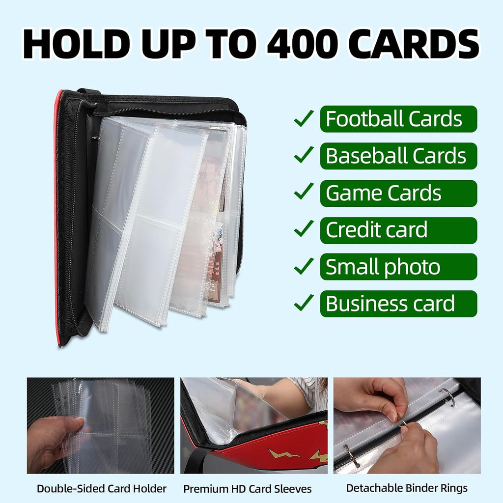 Trading Card Binder 400 Cards – Zippered Card Holder for Game & Sports Cards