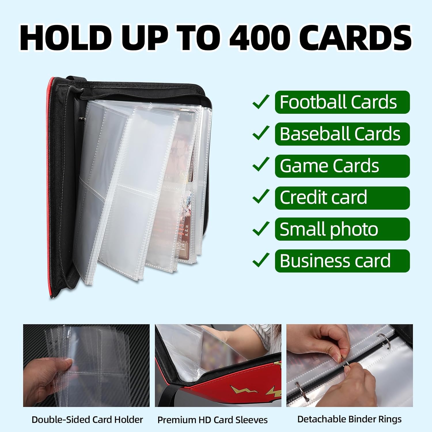 Trading Card Binder 400 Cards – Zippered Card Holder for Game & Sports Cards