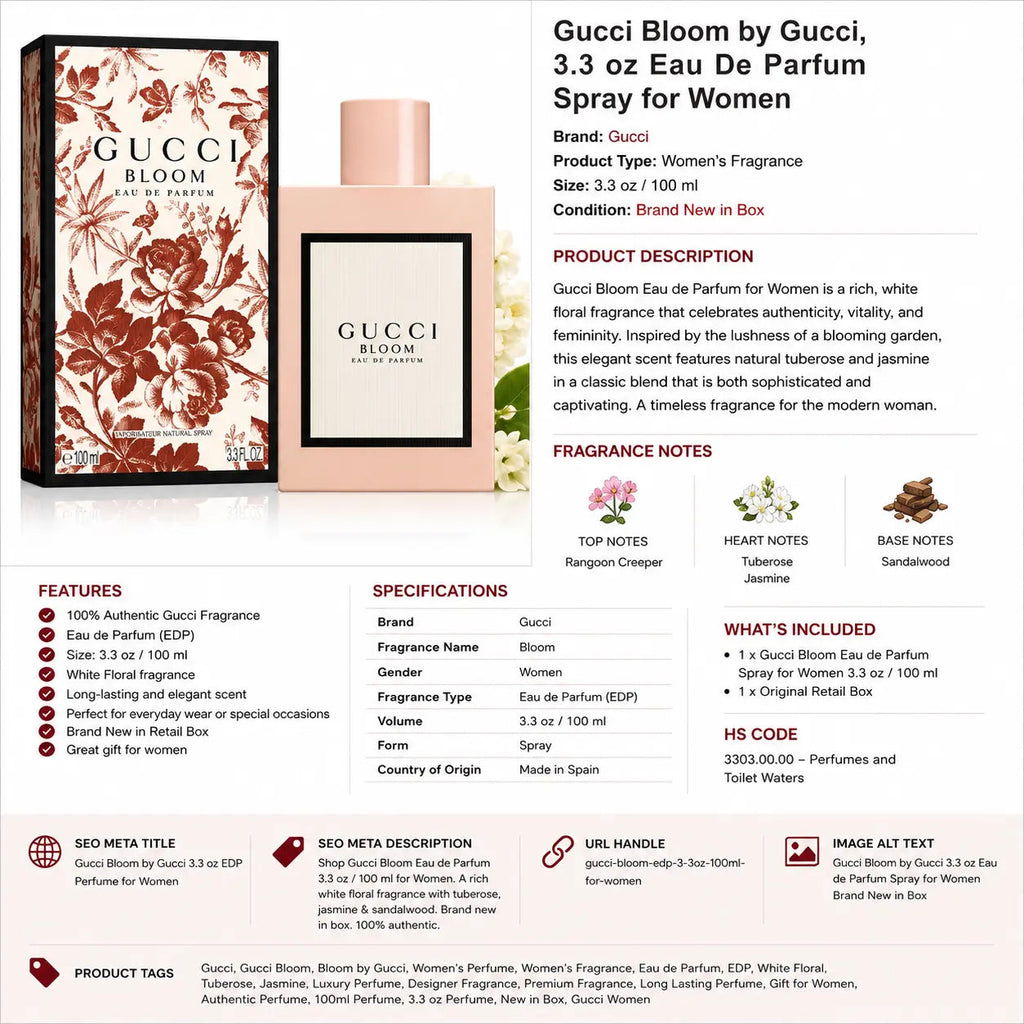 Gucci Bloom Eau de Parfum by Gucci, 3.3 oz Spray for Women HorizonHub Store
