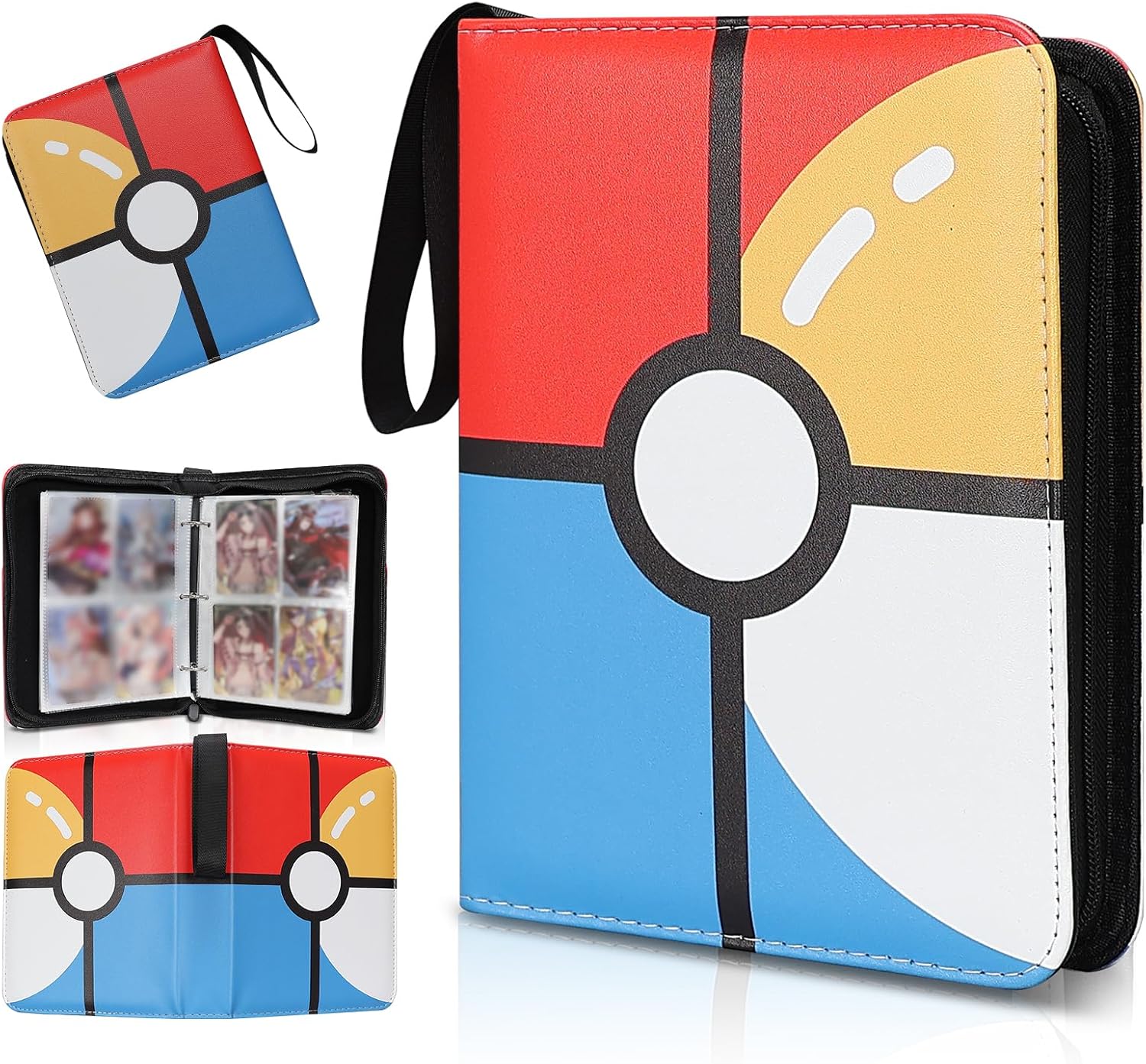 Zippered trading card binder holding 400 game and sports cards with wrist strap