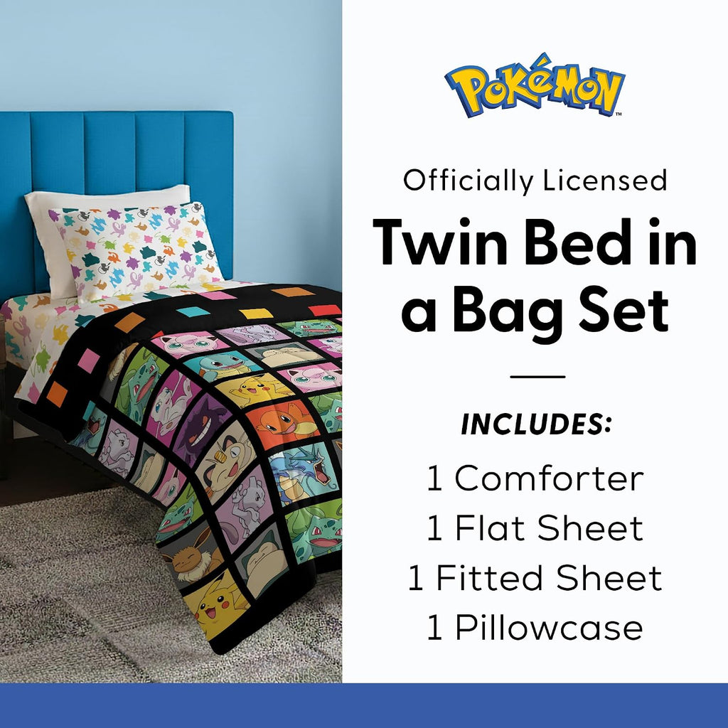 Pokémon Twin Bedding Set 4-Piece – Comforter, Sheets & Pillowcase for Kids