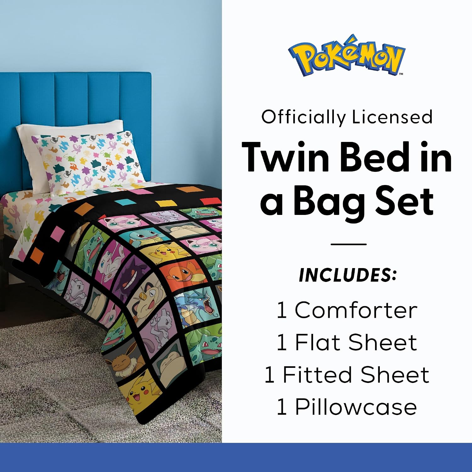 Pokémon Twin Bedding Set 4-Piece – Comforter, Sheets & Pillowcase for Kids