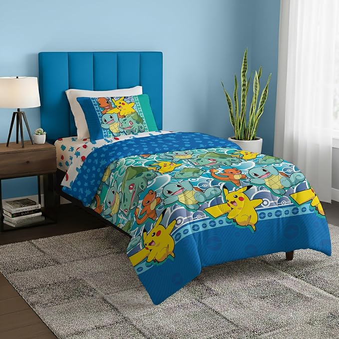 Pokémon Twin Bedding Set 4-Piece – Comforter, Sheets & Pillowcase for Kids