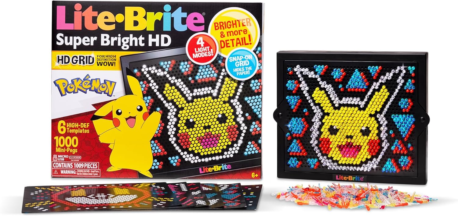 Pokémon light-up peg art set with HD LED grid and colorful mini pegs making Pikachu
