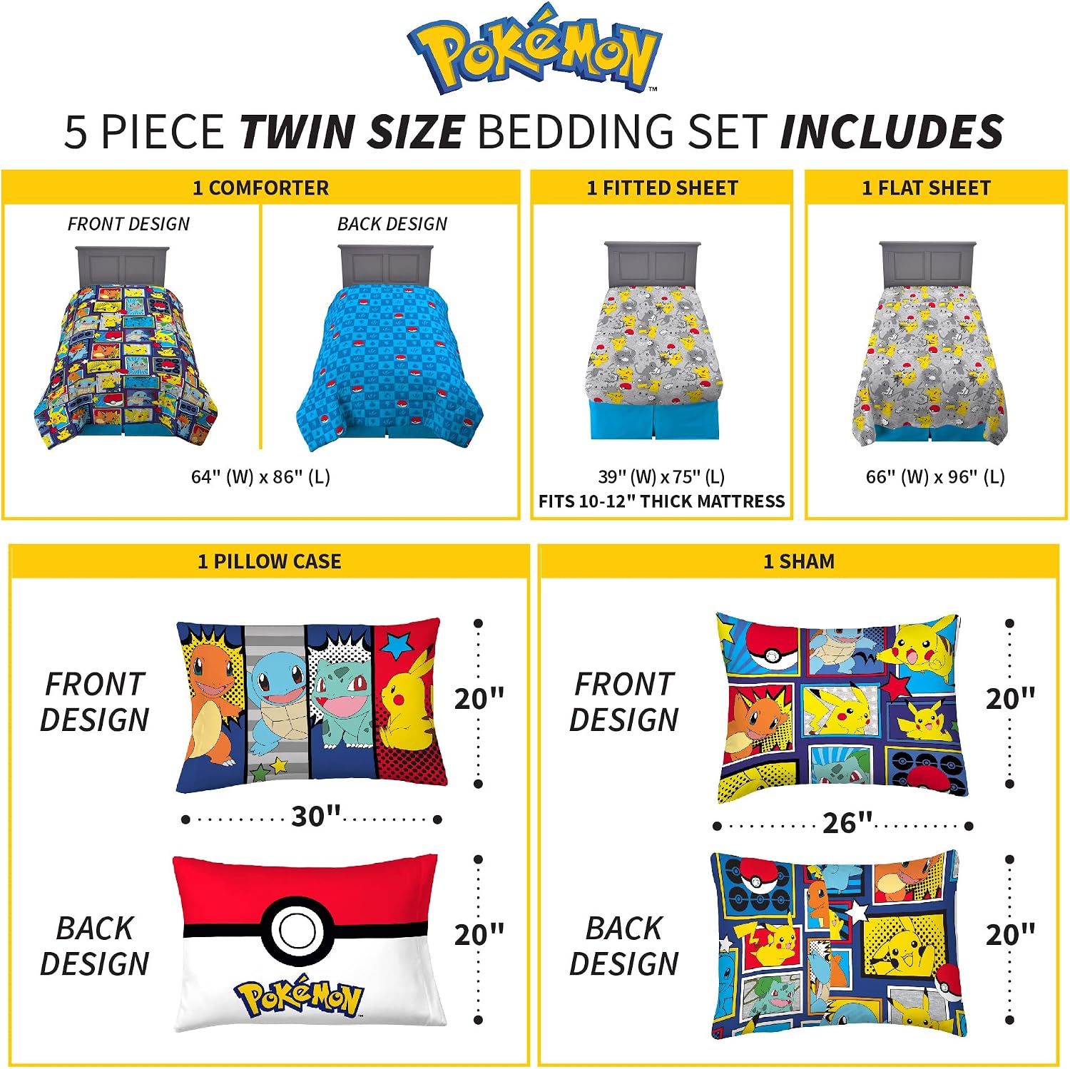 Pokémon Kids Reversible Bedsheet Set – Soft Cotton Bedding with Pikachu & Characters