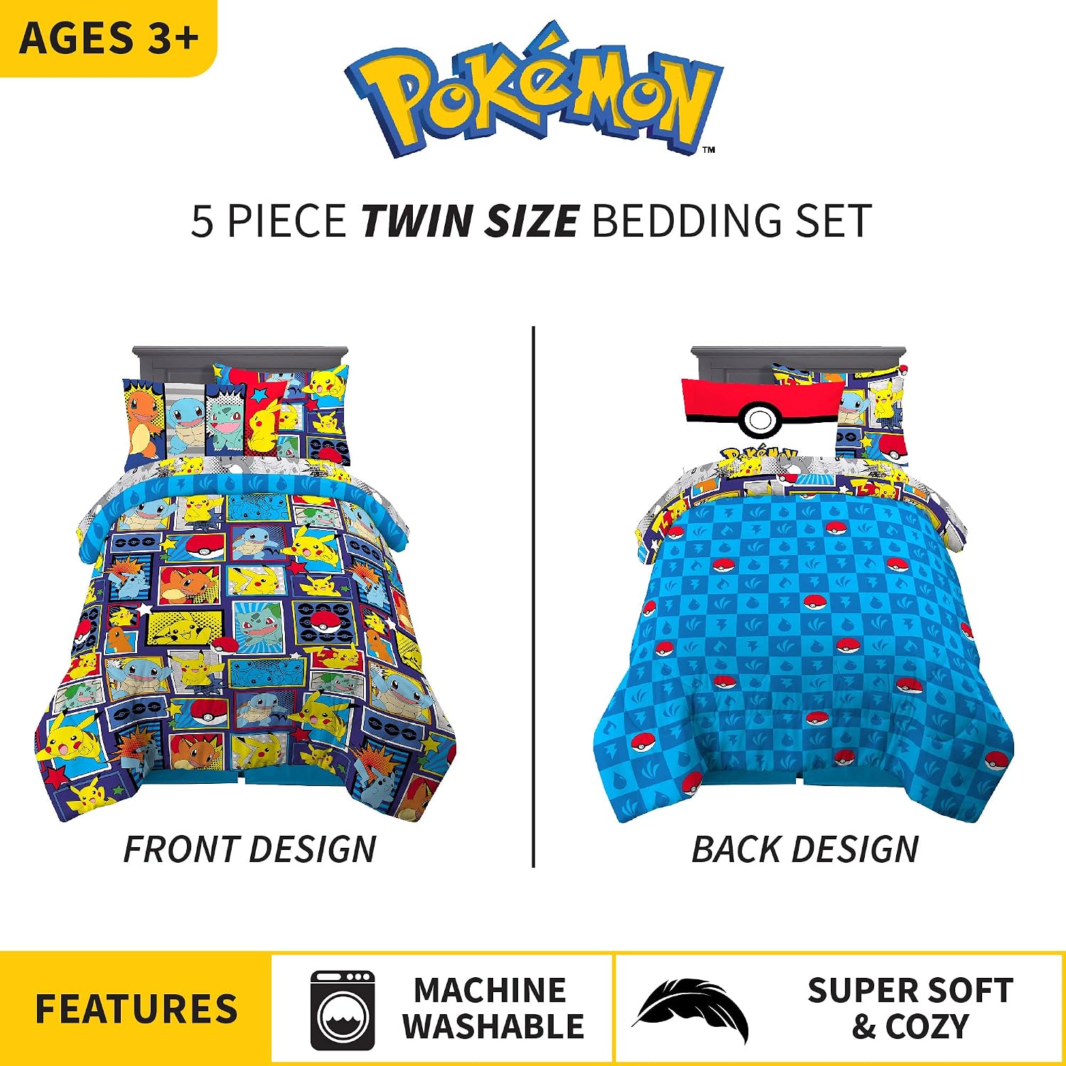 Pokémon Kids Reversible Bedsheet Set – Soft Cotton Bedding with Pikachu & Characters