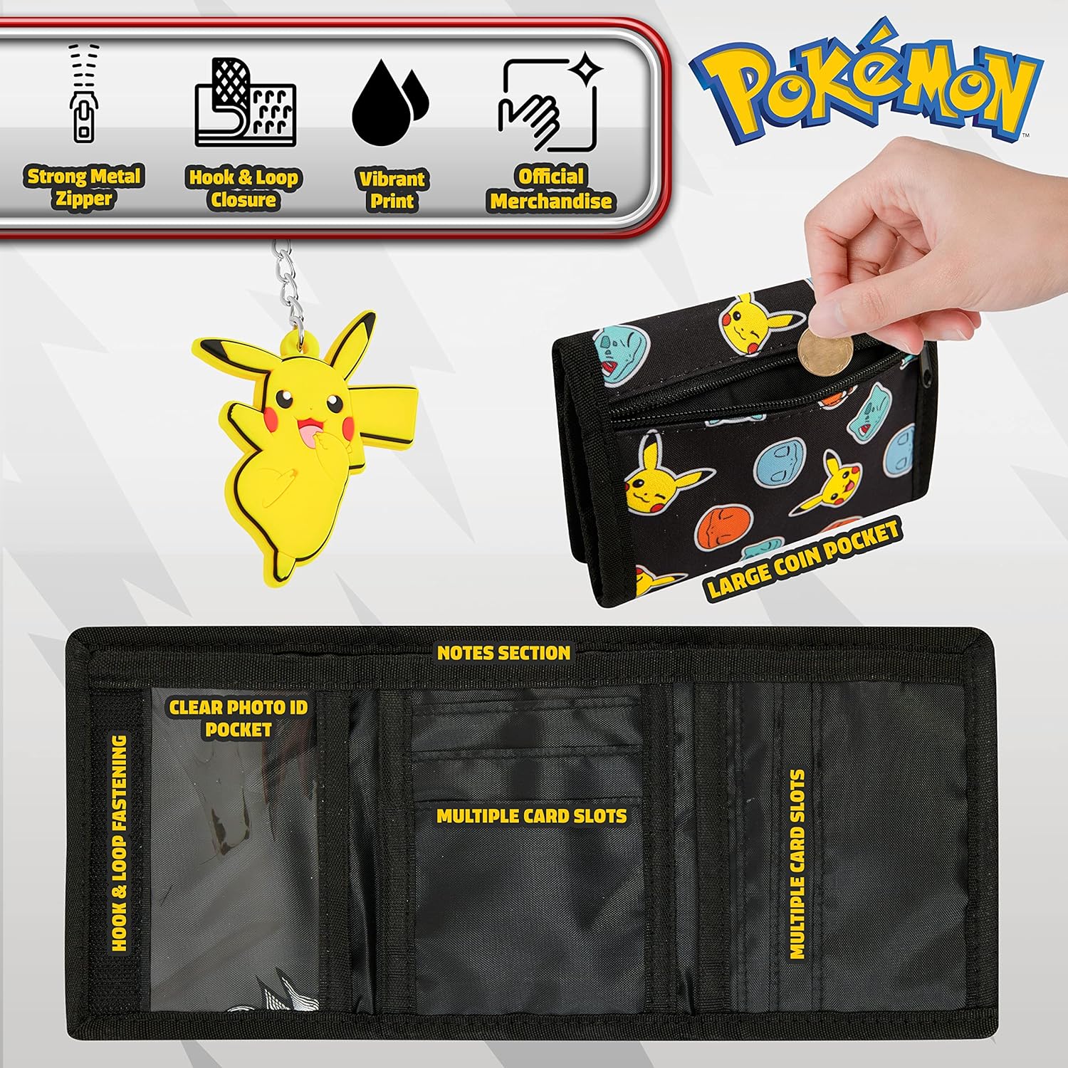 Pokémon Wallet & Keychain Set – Trifold Kids Wallet with Pikachu Keyring
