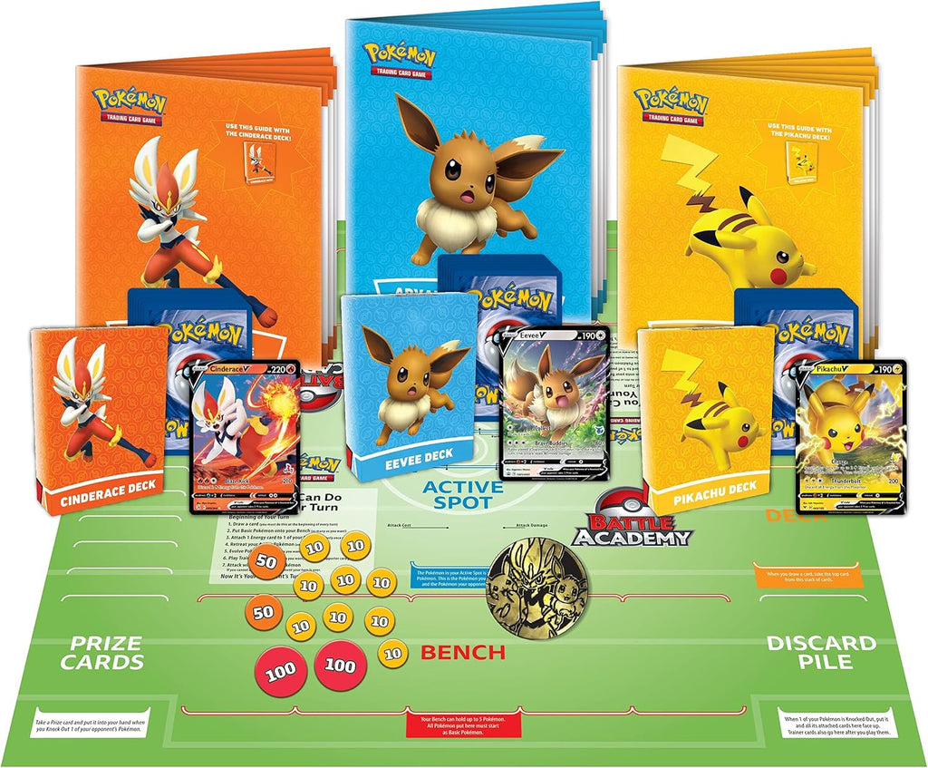 Pokémon TCG Battle Academy – 3 Deck Set with Pikachu V, Cinderace V & Eevee V