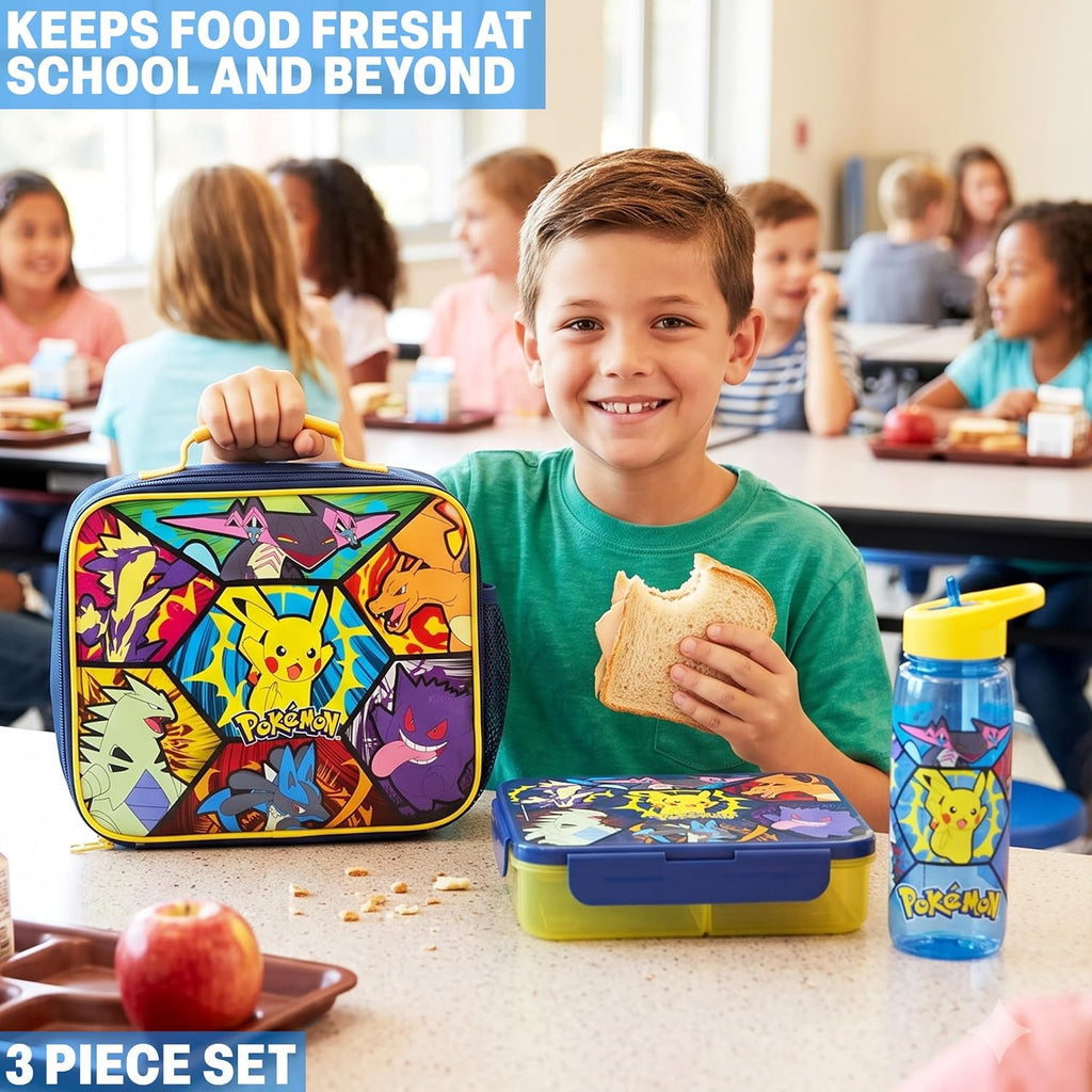 Pokémon 3-Piece Lunch Set – Insulated Lunch Bag, Bento Box & Water Bottle for Kids