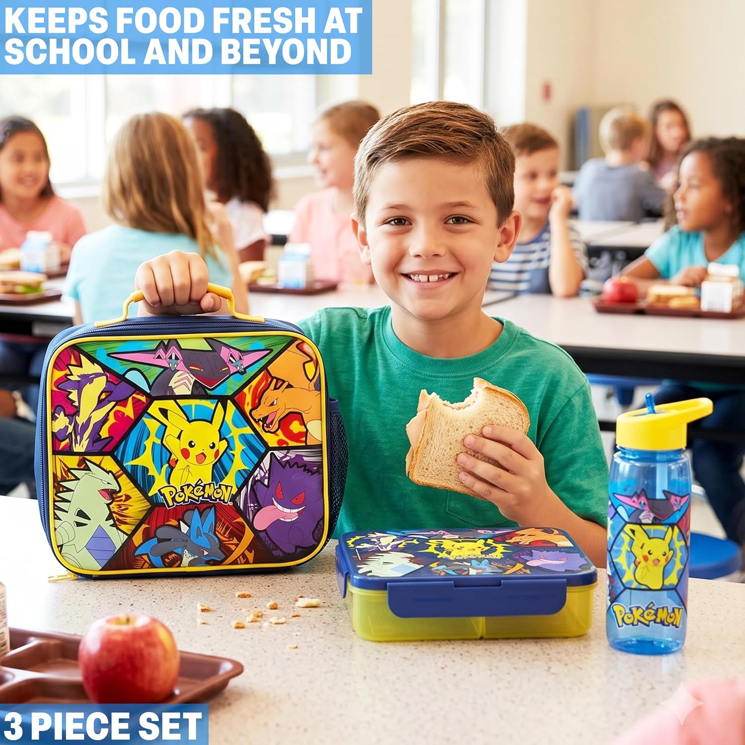 Pokémon 3-Piece Lunch Set – Insulated Lunch Bag, Bento Box & Water Bottle for Kids