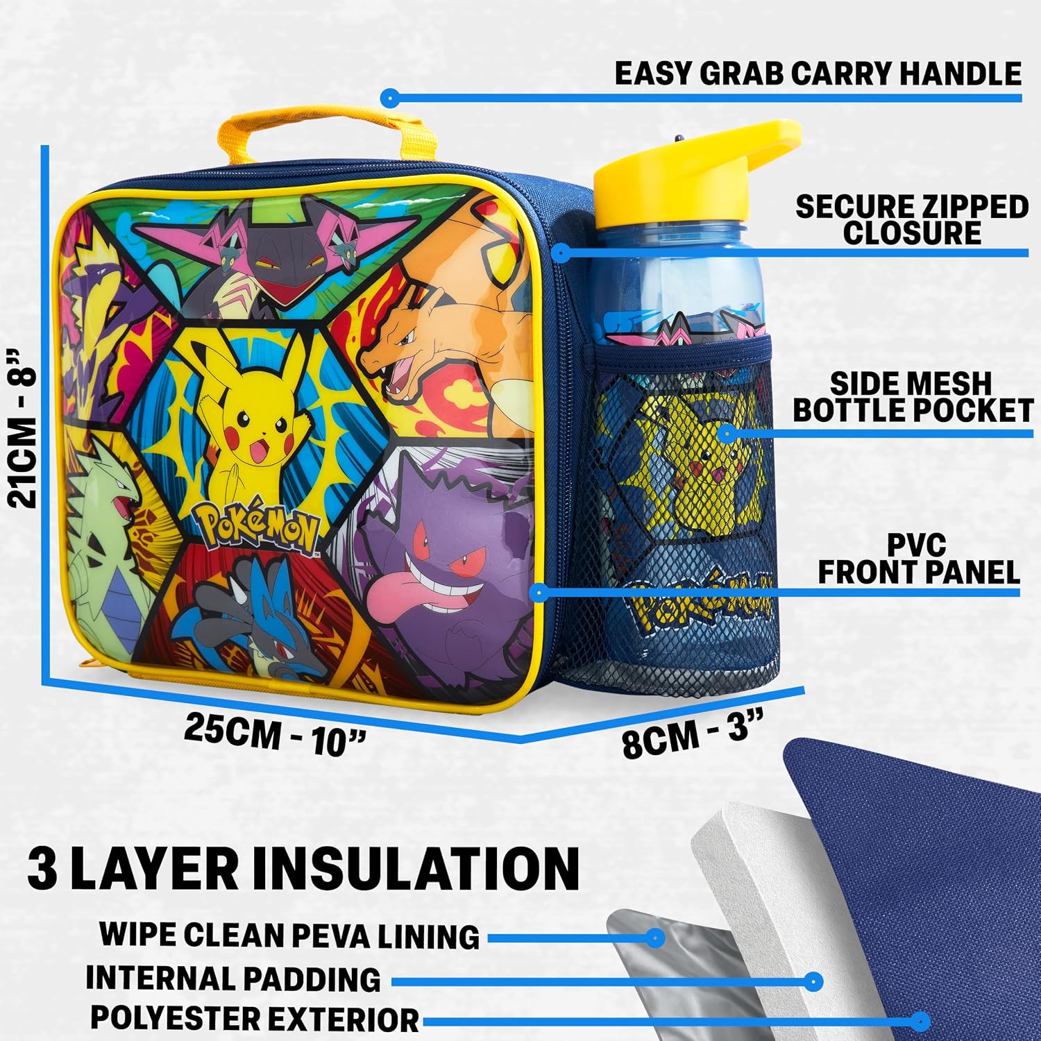 Pokémon 3-Piece Lunch Set – Insulated Lunch Bag, Bento Box & Water Bottle for Kids