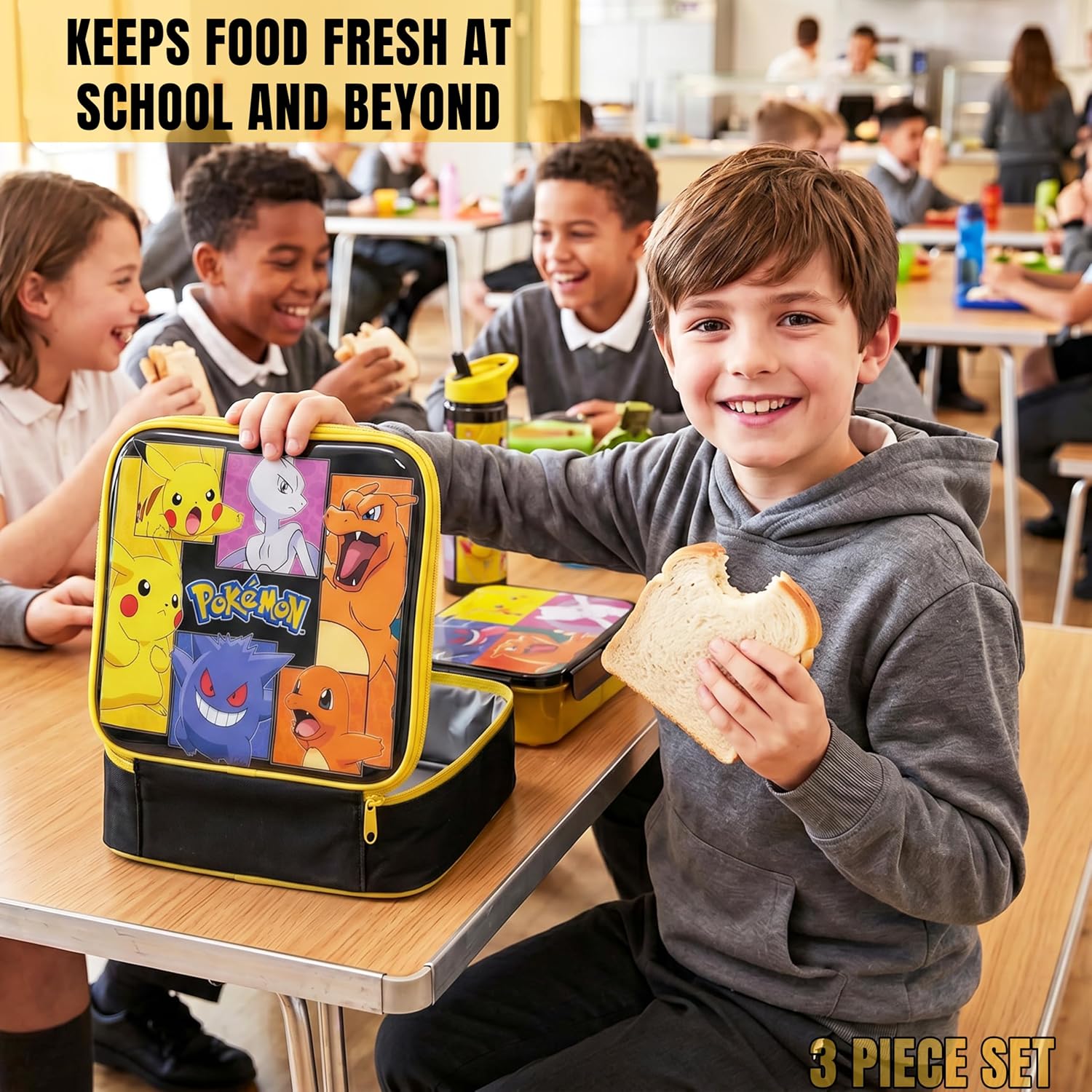Pokémon 3-Piece Lunch Bag Set – Insulated Bag, Bento Box & Water Bottle for Kids