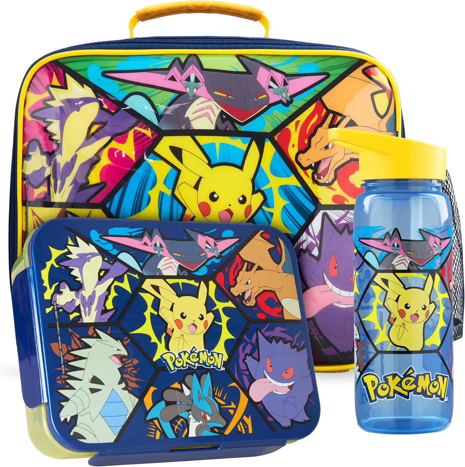 Pokémon 3-piece lunch set with insulated bag, bento box and water bottle featuring character graphics