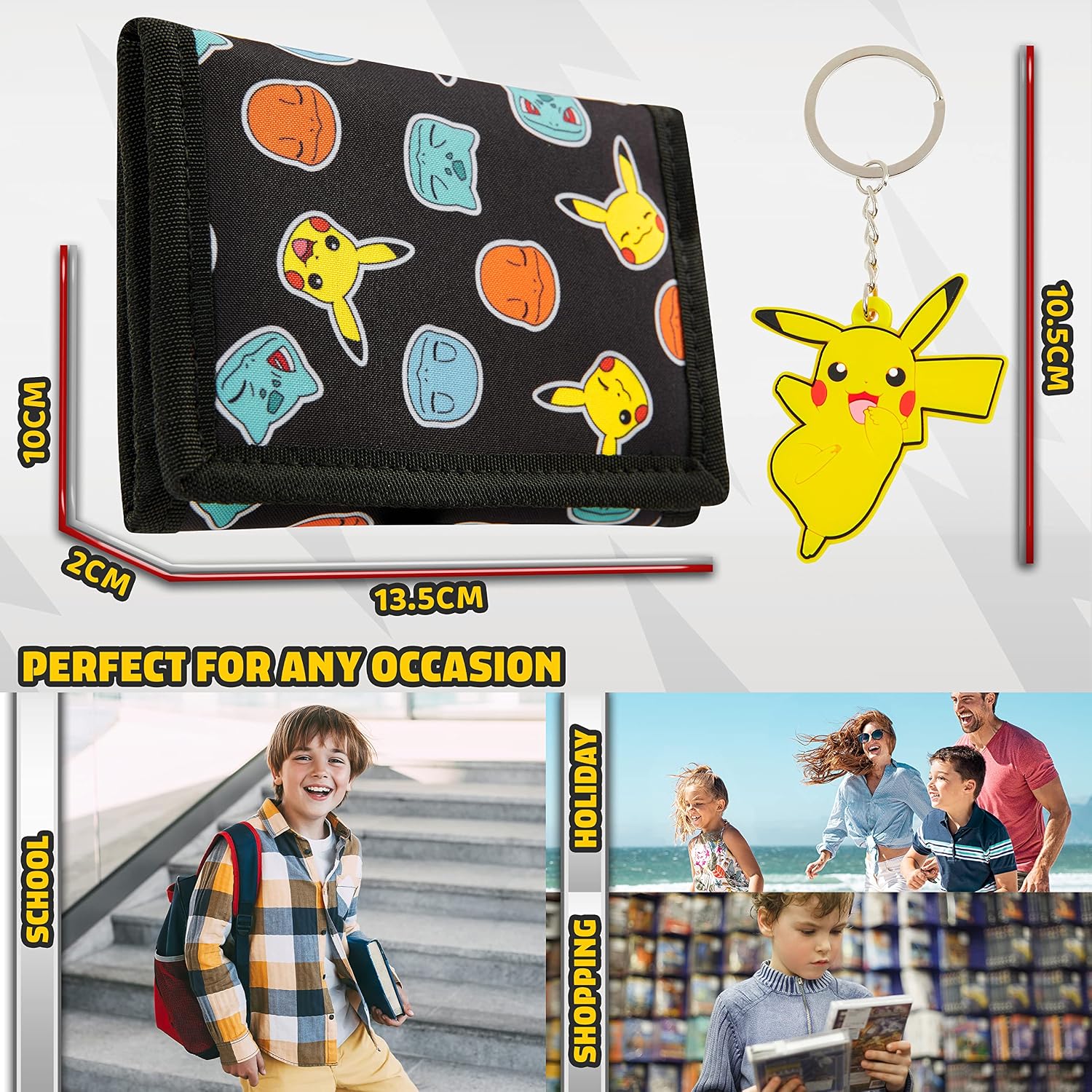 Pokémon Wallet & Keychain Set – Trifold Kids Wallet with Pikachu Keyring
