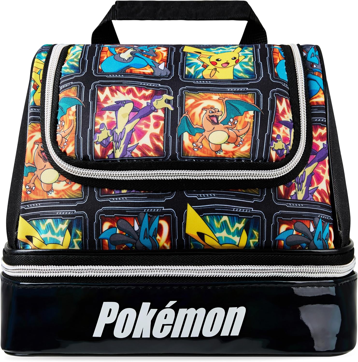 Pokémon insulated dual-compartment kids lunch bag with Pikachu and Charizard trading card print