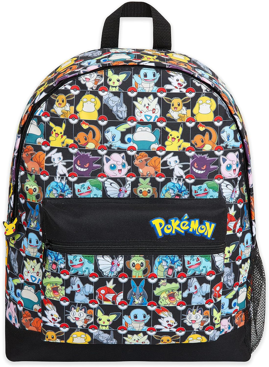 Pokémon kids backpack with Pikachu and character designs and multiple zip compartments