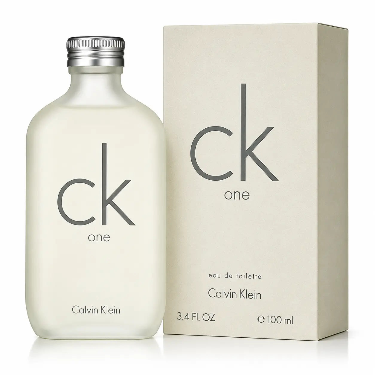 Calvin Klein CK One Eau de Toilette bottle in frosted white glass with a silver cap, shown next to its beige packaging box. The bottle and box feature the prominent 'ck one' logo in dark gray.