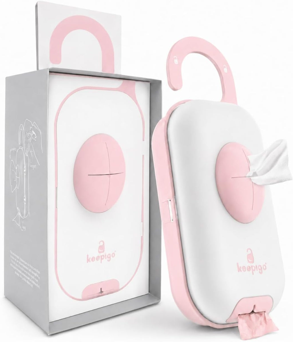 Keepigo 3-in-1 diaper bag wipe dispenser and diaper organizer hooked onto a stroller, portable baby wipe holder for travel