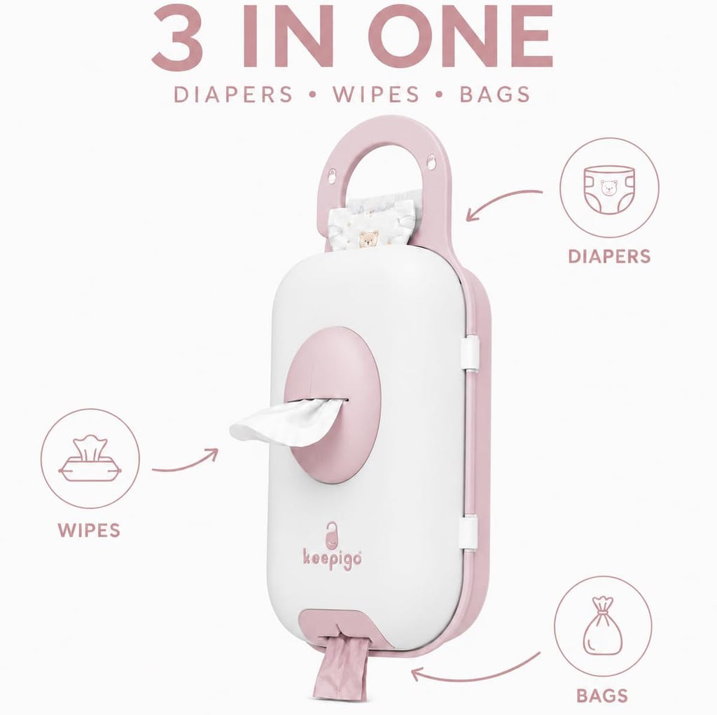 Keepigo 3-in-1 Diaper Bag Wipe Dispenser - Portable Baby Wipe Holder & Diaper Organizer for Travel