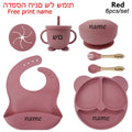 Personalized baby silicone feeding set with suction bowl, plate, cups and spoon